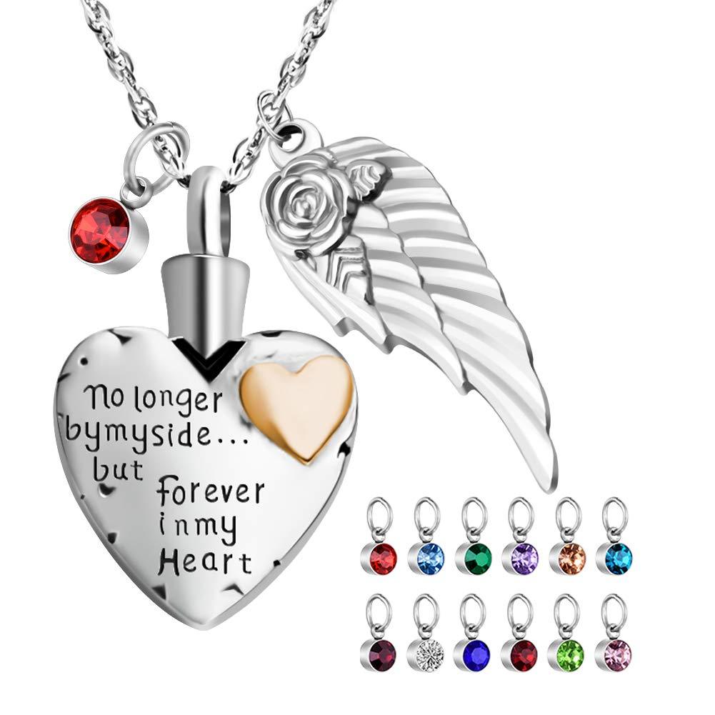 [Australia] - abooxiu Heart Cremation Urn Necklace for Ashes Jewelry Angel Wing Memorial Pendant 12 Birthstones - No Longer by My Side But Forever in My Heart - Customize Available 