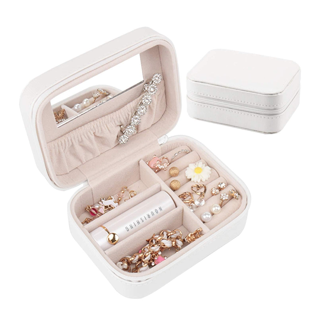 [Australia] - Botanka Mirror Jewelry Case, Portable Zipper Jewelry Organizer, Travel Small Storage Box ( White) 