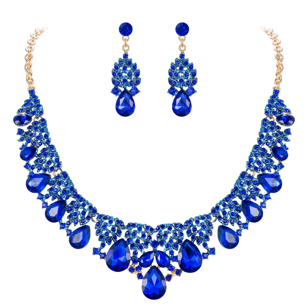[Australia] - BriLove Indian Costume Jewelry Sets for Brides Rhinestone Teardrop Hollow Scroll Statement Necklace Dangle Earrings 07-Navy Blue Gold-Tone 