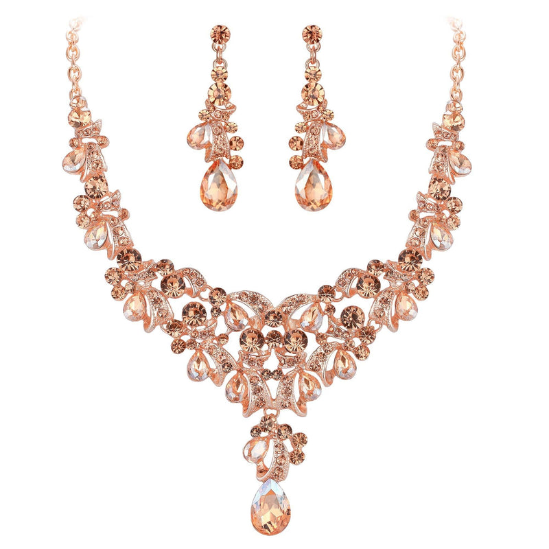 [Australia] - BriLove Wedding Jewelry Sets for Brides Rhinestone Crystal Teardrop Cluster Y-Shaped Neckalce Dangle Earrings 10-Peach Morganite Color Rose-Gold-Tone 