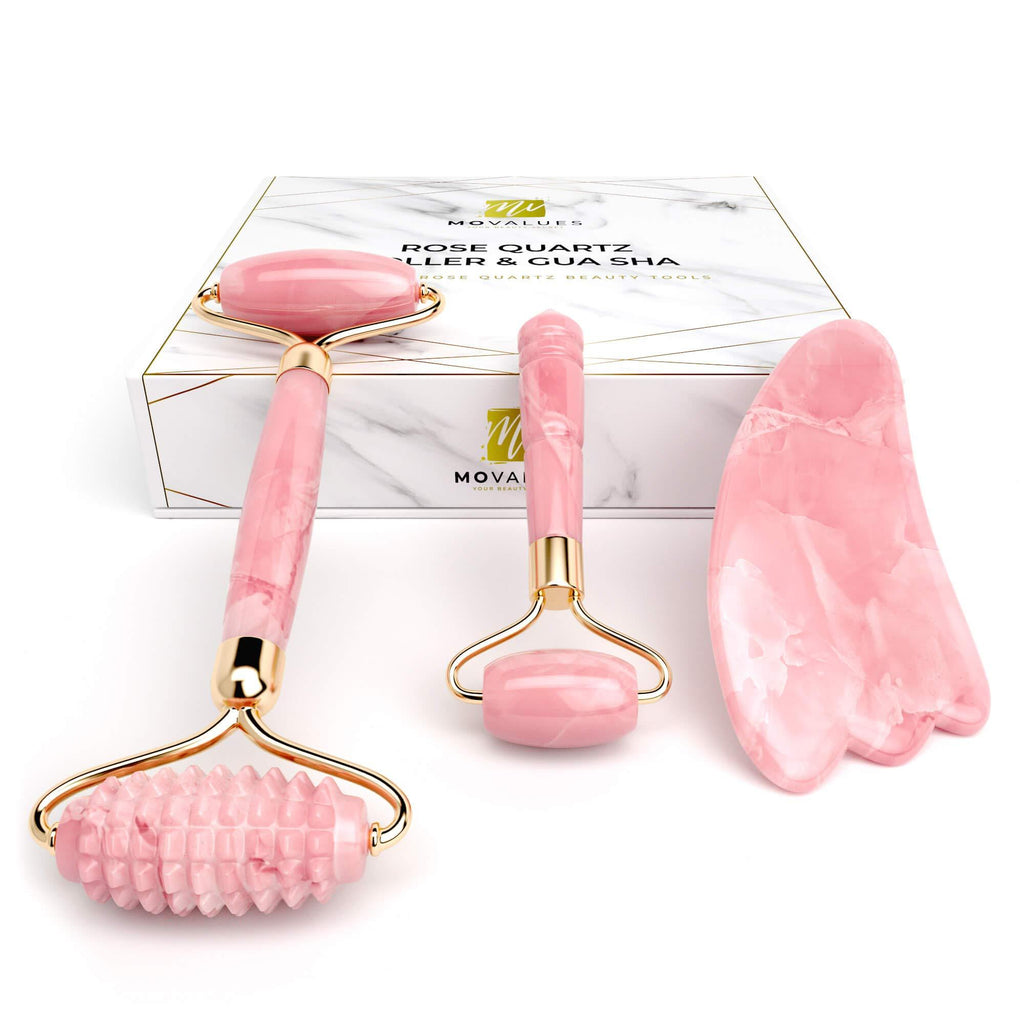 [Australia] - Rose Quartz Roller with Gua Sha, Mini Eye Roller set - Jade Roller for Face - Face Roller 100% Natural Authentic Crystal - Face Massager, Facial Roller for Skin Care, Eyes, Neck - Tones, Firms, Depuff 
