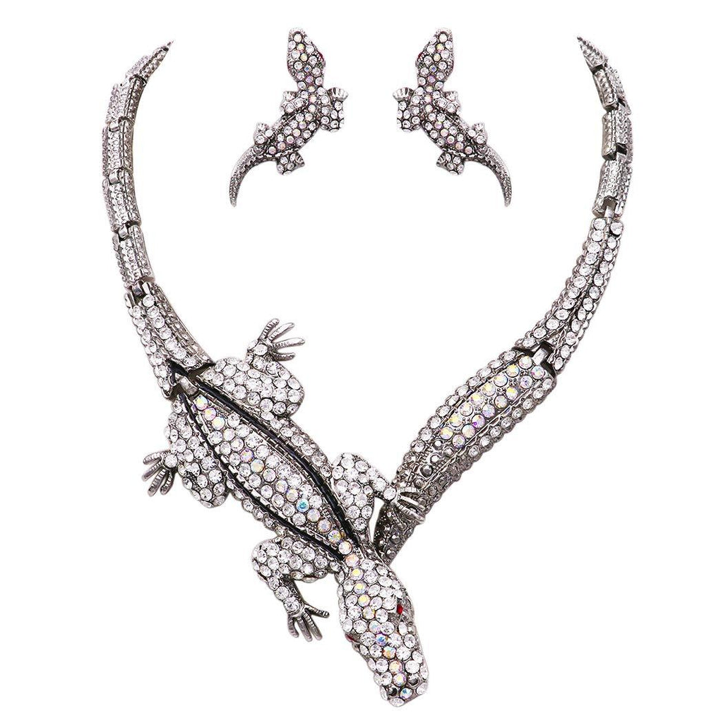 [Australia] - Rosemarie Collections Women's Exquisite Rhinestone Alligator Statement Necklace Earrings Set Clear & AB Crystal/Silver Tone 