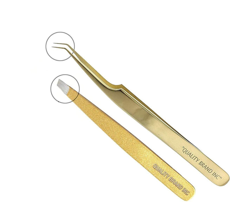 [Australia] - Quality Brand Inc Set Precision Eyelash Extension Tweezers, Gold Russian 75° Angular Tip, and Slant Tip Tweezers for Eyebrow Stainless Steel for Professional Use 