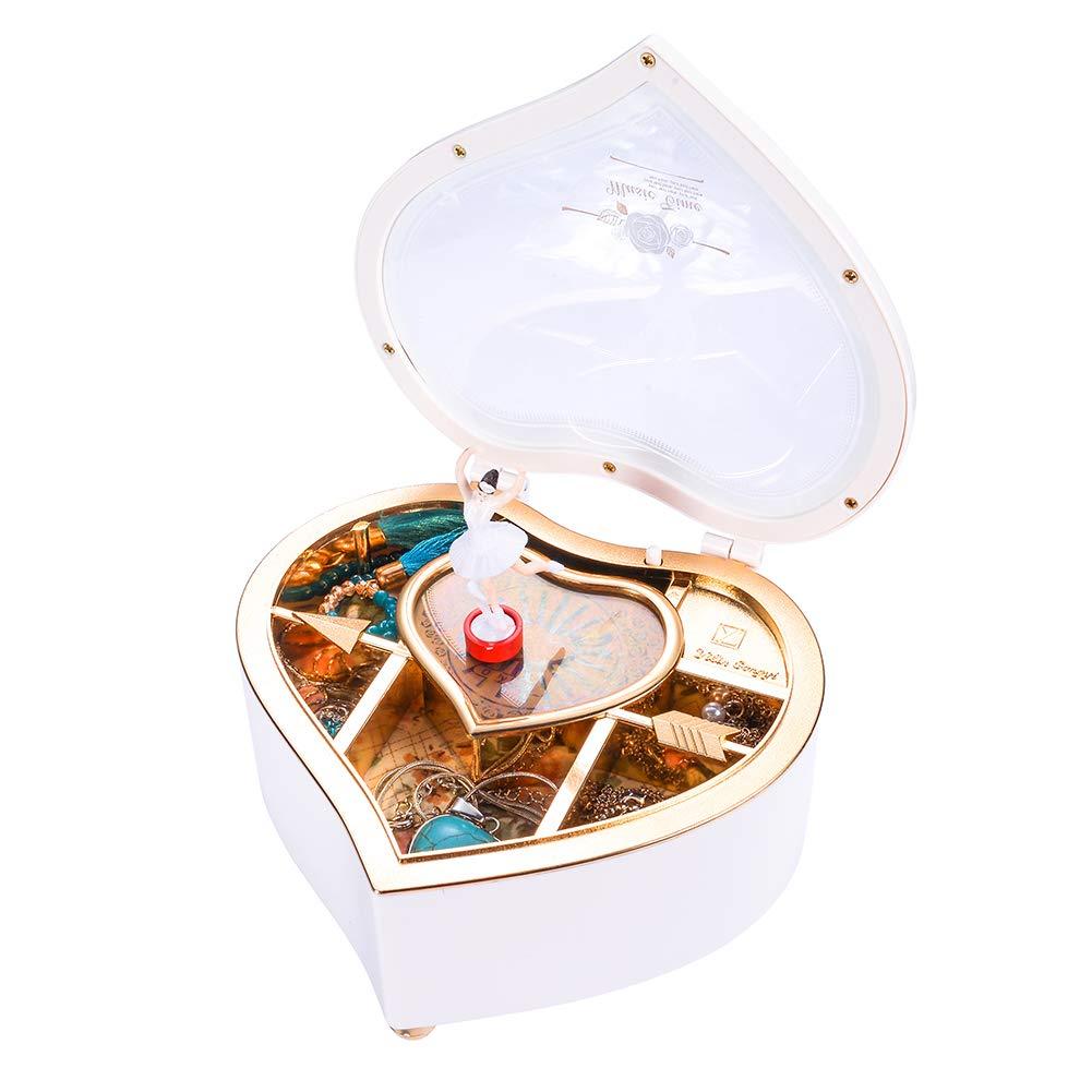 [Australia] - Musical Jewelry Box for Girls with Ballerina Theme - Heart Shaped Rotating Dancer Music Box for Earring Necklace Bracelet (White) White 