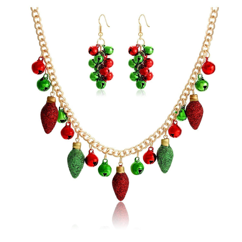 [Australia] - YAHPERN Christmas Necklaces for Women Girls X-Mas Jingle Bell Light Bulbs Chunky Collar Necklaces Jingle Bell Drop Dangle Earrings Set A :Light Bulbs 