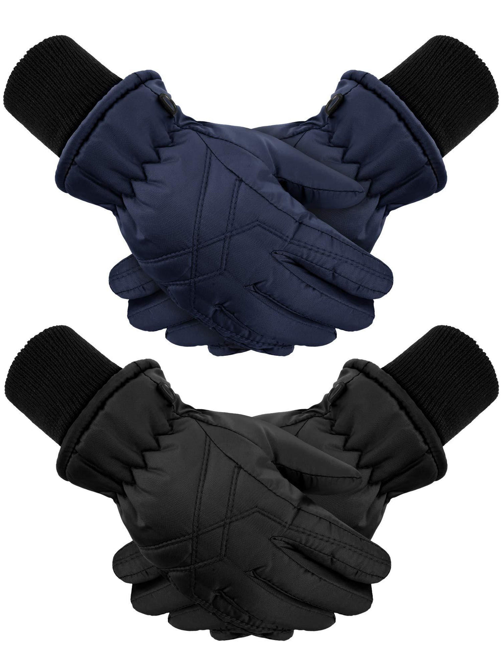 [Australia] - 2 Pairs Kids Winter Gloves Waterproof Ski Gloves Child Snow Warm Gloves Mittens Black, Navy Blue 4-7 Years 