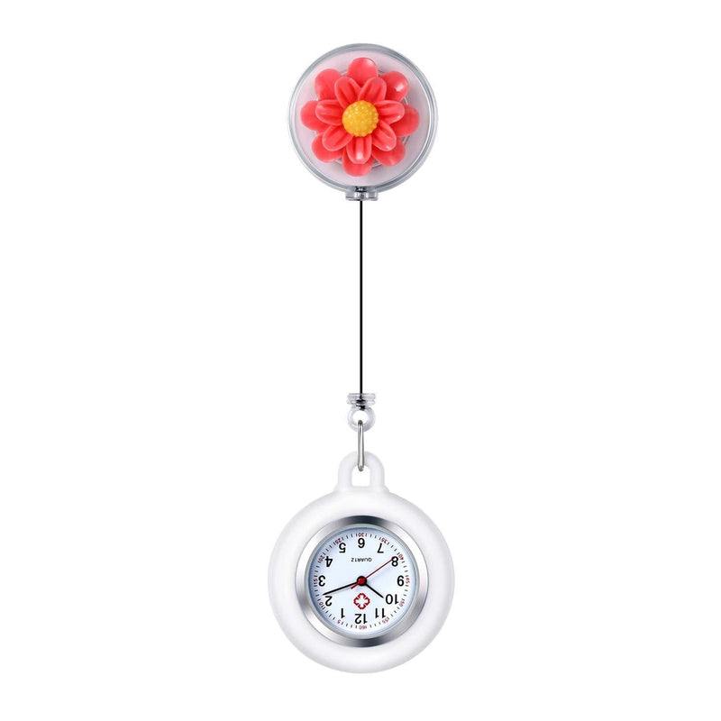 [Australia] - Women's Nurse Clip on Watch Cute Flower Lapel Hanging Doctor Clinic Staff Tunic Stethoscope Badge Quartz Fob Pocket Watch with Pink Silicone Cover red 