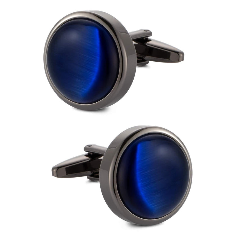 [Australia] - VIILOCK Round Cat Eye Cufflinks for Men Dark Blue Opal Cuff Links in Gun Black Business Shirt 