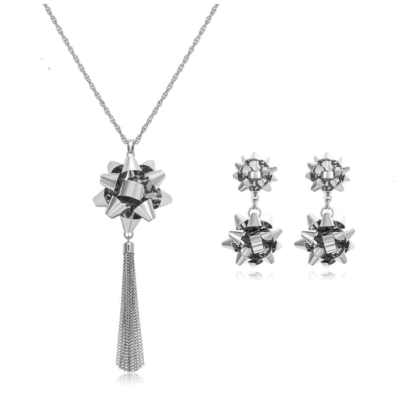 [Australia] - Christmas Necklace Earrings Set X-Mas Gift Bow Pendant Necklaces Present Tie Drop Dangle Earring Holiday Gifts For Women silver 