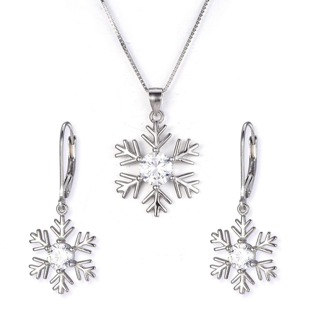 [Australia] - Cosol Silver Snowflake Jewelry Set, CZ 925 Sterling Silver Pendant Necklace Set, Leverback Earrings Set 