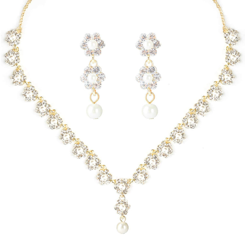 [Australia] - HapiBuy Crystal Pearl floral Design Wedding Jewelry Set Necklace and Earring for Women and Brides Gold Color 