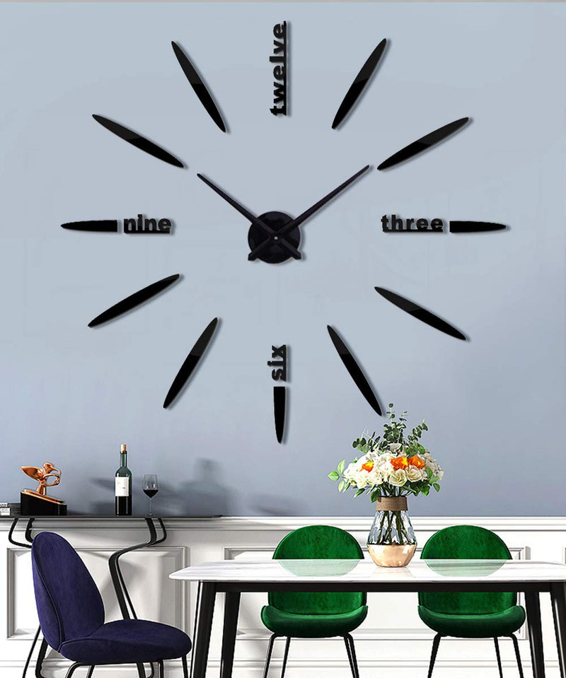 [Australia] - SIEMOO DIY Wall Clock, 3D Mirror Stickers Large Frameless Wall Clock Modern Design Watches Hours for Home Living Room Bedroom Office Decoration Gifts-Black Black 