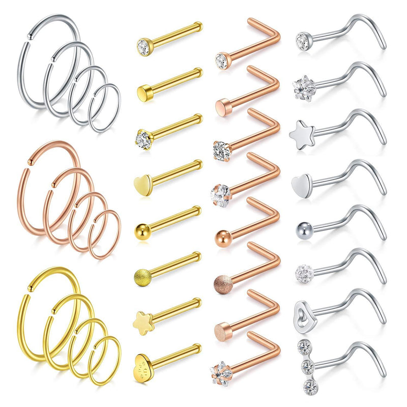 [Australia] - AVYRING 20G Nose Ring Hoop Surgical Steel Nose Studs Screw L-Shaped Nostril Hoops Piercing Jewelry Set for Women Men Girls Nose Rings style 1-36 pieces per pack 