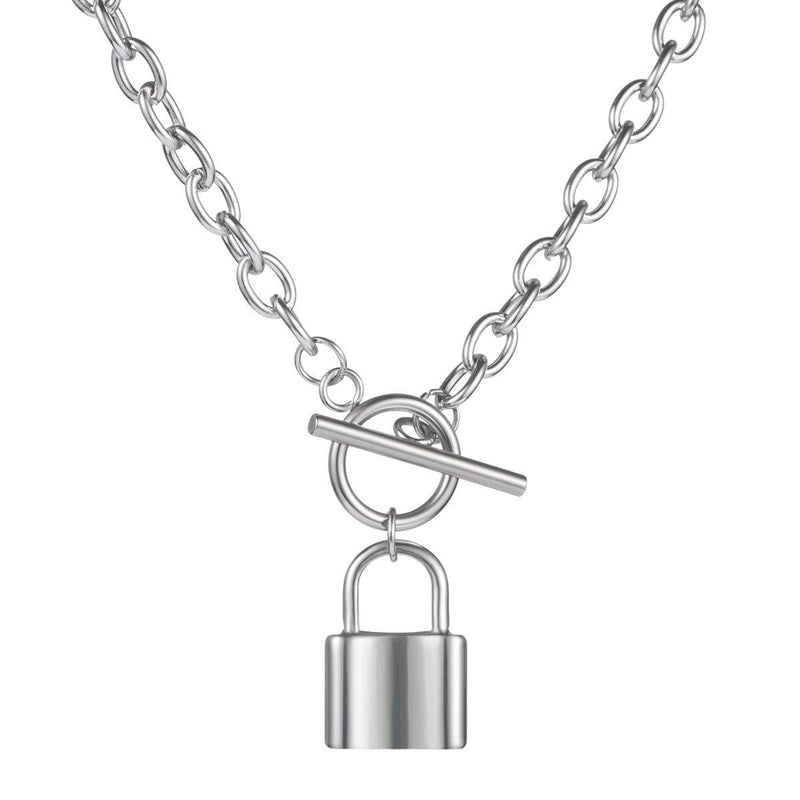 [Australia] - SAKAIPA Lock Necklace Lock Key Pendant Necklace Long Chain Punk Multilayer Statement Choker Necklace for Women Men Boy Girls A-steel color, simple type-20 inches 