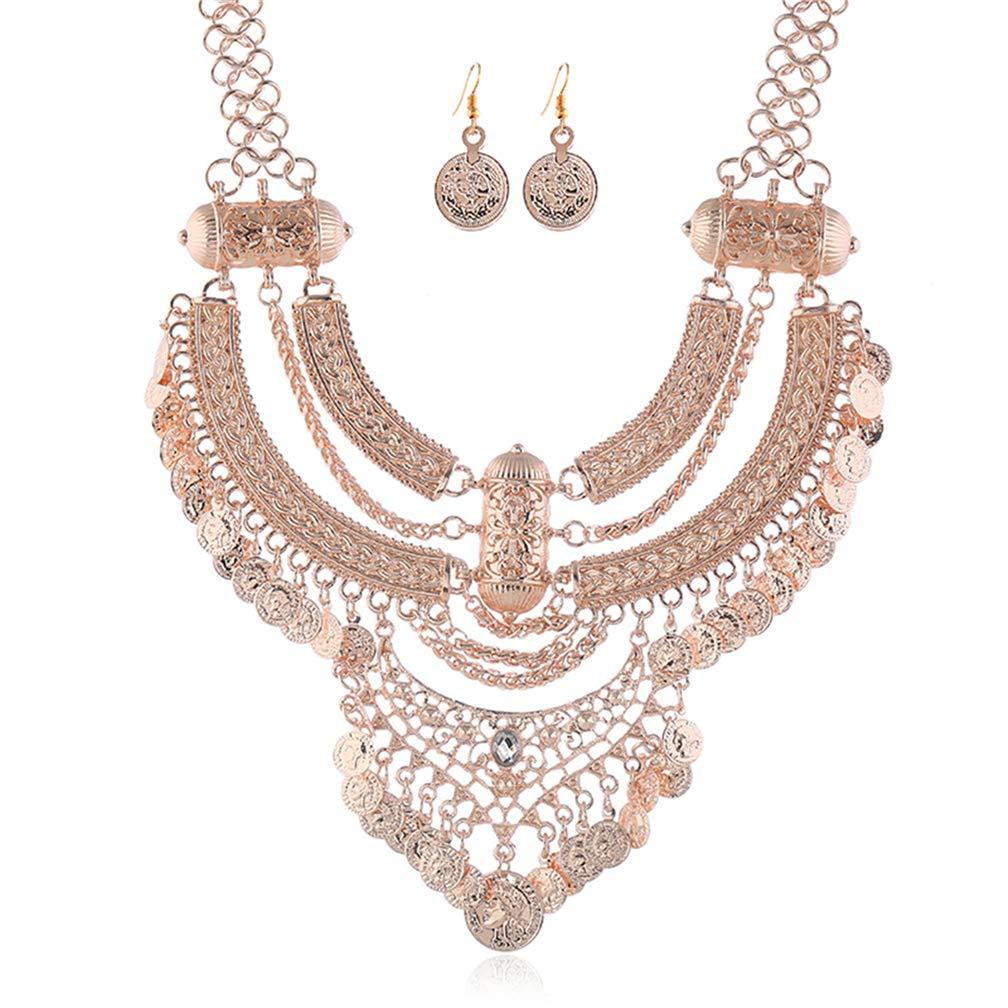 [Australia] - Thkmeet Bib Bohemian Ethnic Gypsy Festival Statement Coin Necklace and Earrings Set for Women Boho Jewelry Rose gold 