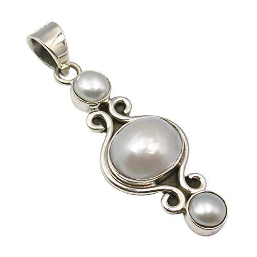 [Australia] - SilverStarJewel Round, Oval Pearl Oxidized Pendant 1.7" 925 Fine Silver Jewelry 