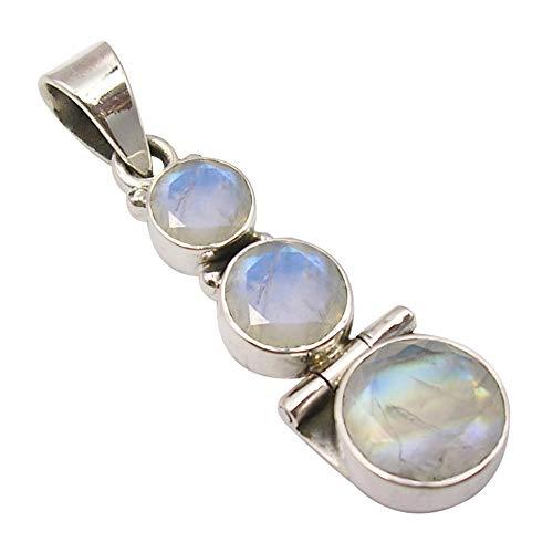 [Australia] - SilverStarJewel 925 Solid Silver Rainbow Moonstone 3 Stone Necklace Pendant 1.5" 