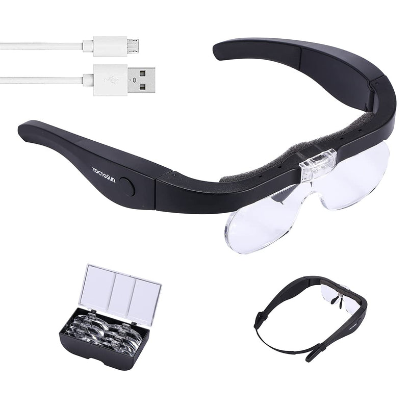 [Australia] - YOCTOSUN Rechargeable Magnifying Glasses, Head Magnifier Glasses with 2 LED Lights and Detachable Lenses 1.5X, 2.5X, 3.5X,5X, Best Eyeglasses Magnifier for Reading and Hobby Headset Magnifier 
