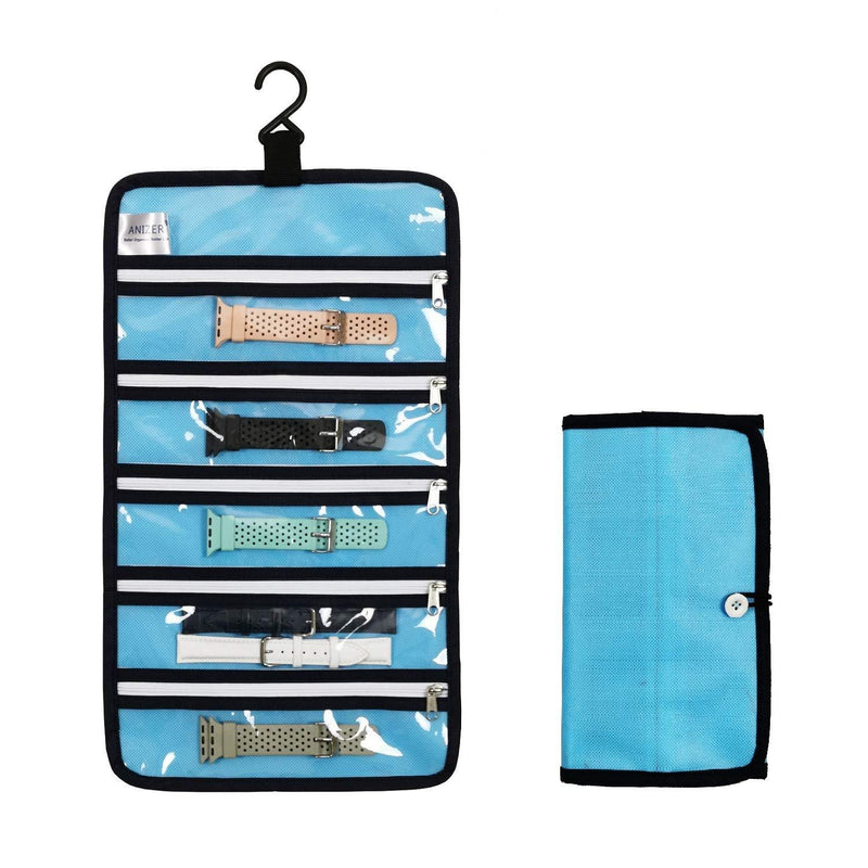 [Australia] - ANIZER Watch Band Storage Roll Holders Hanging Organizer for Watch Band Straps Accessories with 5 Zippered Clear Pockets (Blue) Blue 