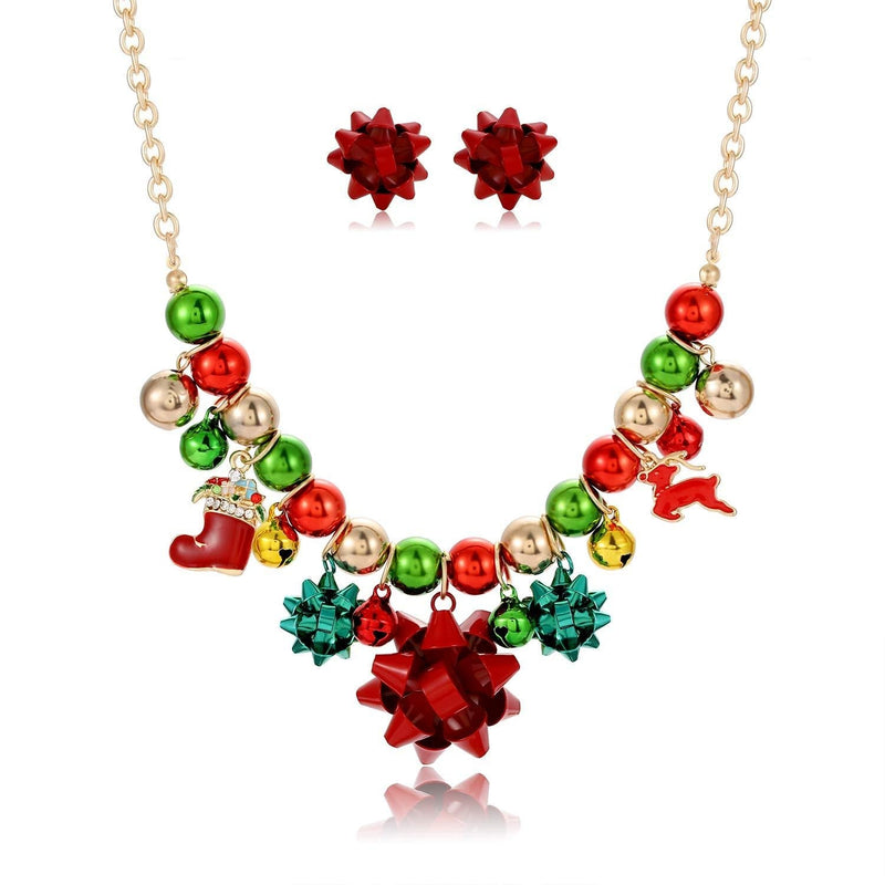 [Australia] - Christmas Necklace Earrings Set Statement Xmas Charm Jingle Bell Chunky Collar Gift Bow Pendant Necklace Stud Earrings Set (gift bow) 