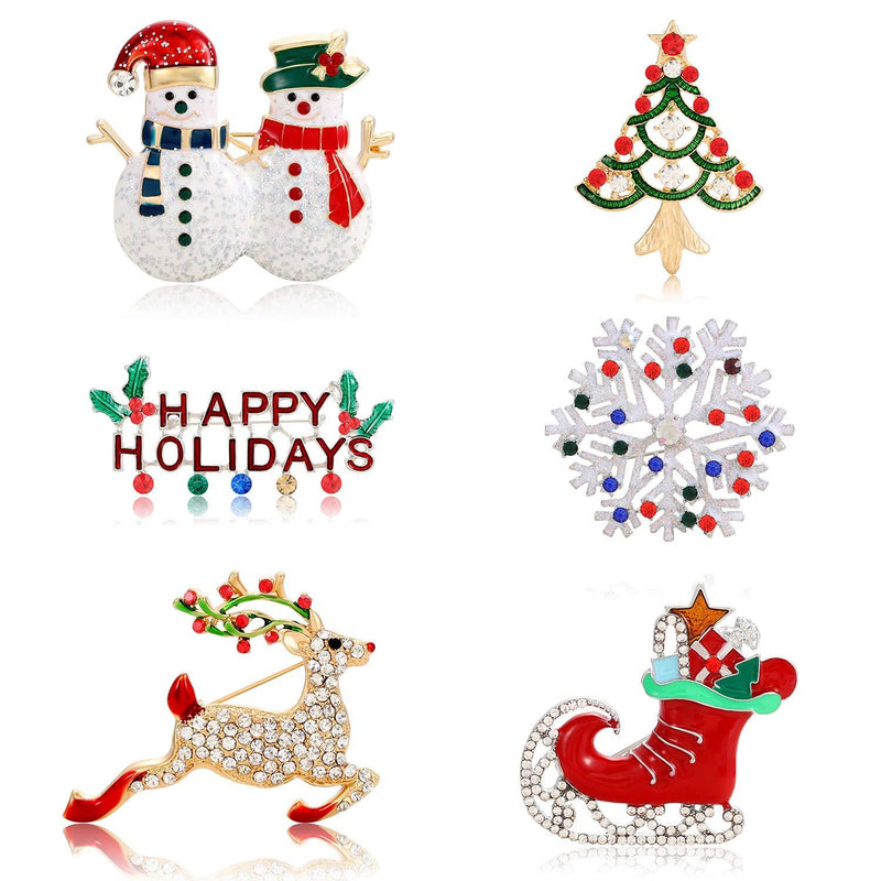 [Australia] - Christmas Brooch Pins For Women Girls Winter Snowflake Reindeer Deer Snowman Happy Holiday Boots Christmas Tree Crystal Brooches Set 6 Pack 