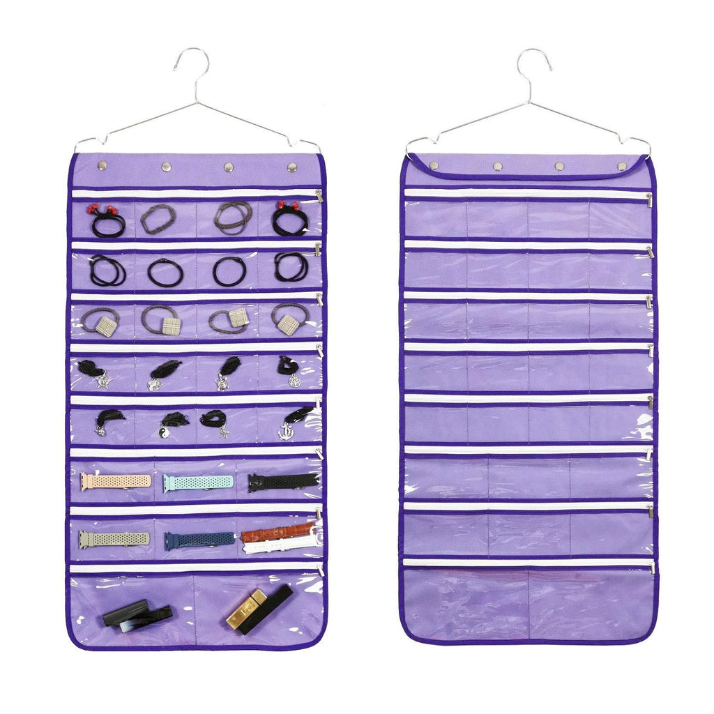 [Australia] - ANIZER Dual Sided Hanging Jewelry Organizer with Hanger for Closet Necklace Earrings Bracelet Ring Travel Holder (56 Zippered Clear Pockets Purple) 56 Zippered Clear Pockets Purple 