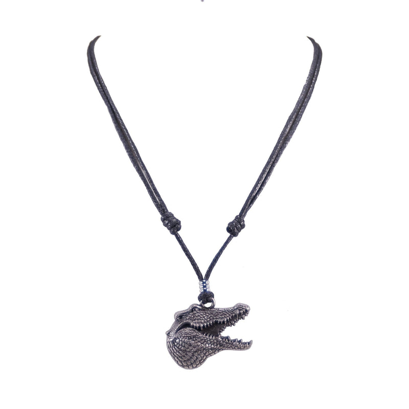 [Australia] - BlueRica Gator Head Pendant on Adjustable Black Rope Cord Necklace (Old Silver) 