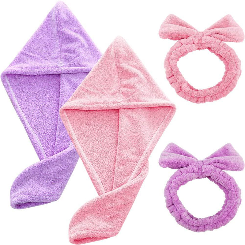 [Australia] - WENTS Dry Hair Towel 4PCS Headscarf Dry Hair Towel, Microfiber Towel, Quick-Drying, Absorbent, Strong and Firm, Suitable for All Hair Types (2pcs Hair Band + 2pcs Hair Towel) 