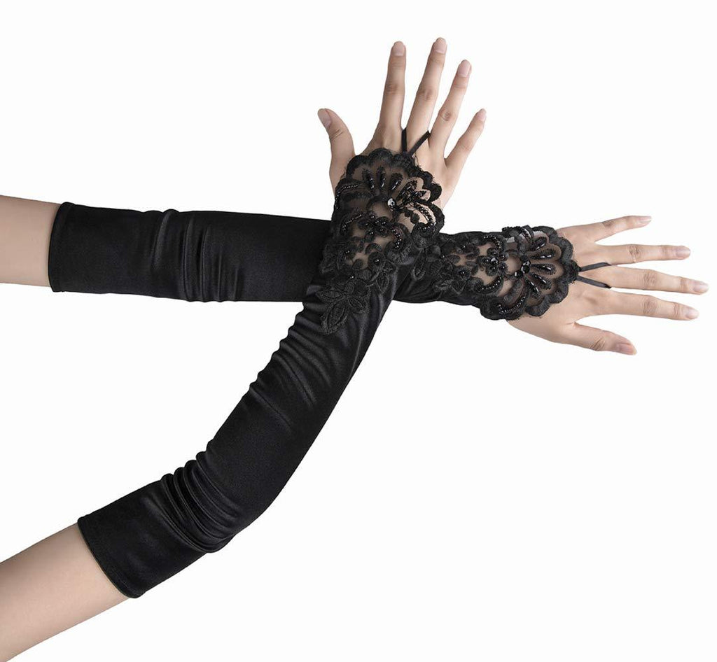 [Australia] - Women Stretchy Long Satin Gloves for 1920s Gatsby Party, Cosplay, Wedding, Masquerade Ball, Prom and Evening Party L17.7-black 