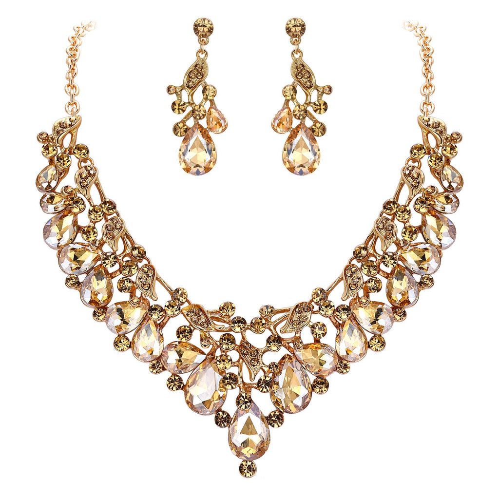 [Australia] - BriLove Wedding Bridal Jewelry Set for Women Austrian Crystal Teardrop Cluster Statement Necklace Dangle Earrings Set 05-Champagne Gold-Tone 