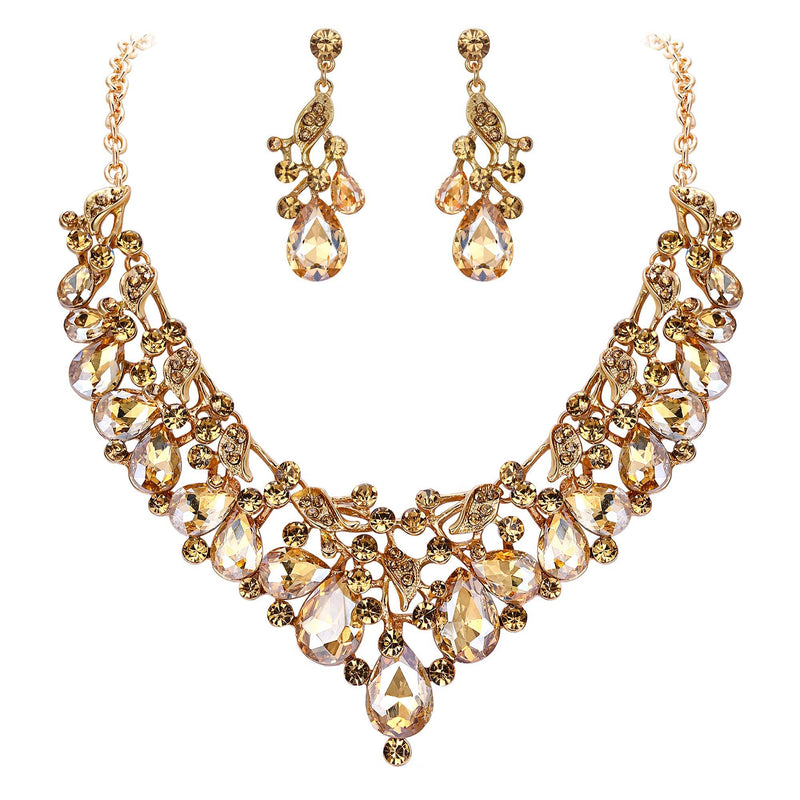 [Australia] - BriLove Wedding Bridal Jewelry Set for Women Austrian Crystal Teardrop Cluster Statement Necklace Dangle Earrings Set 05-Champagne Gold-Tone 