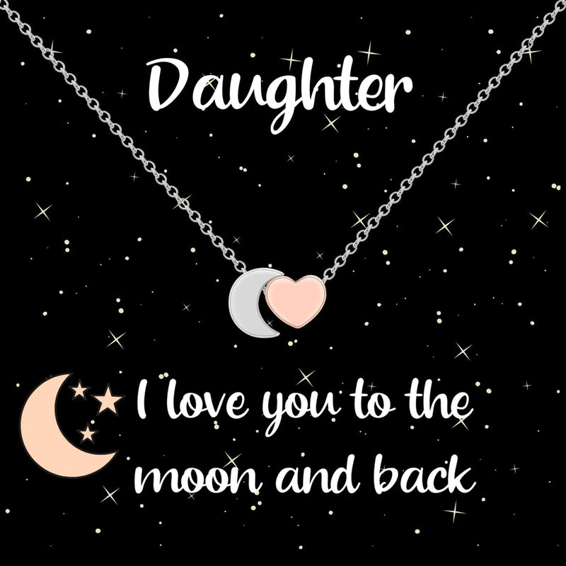 [Australia] - Daughter Necklace I Love You to The Moon and Back Heart & Moon Pendant Necklace, Birthday, Graduation Jewelry Gifts for Girls, Teens, Women Two Tone Silver/Rose 