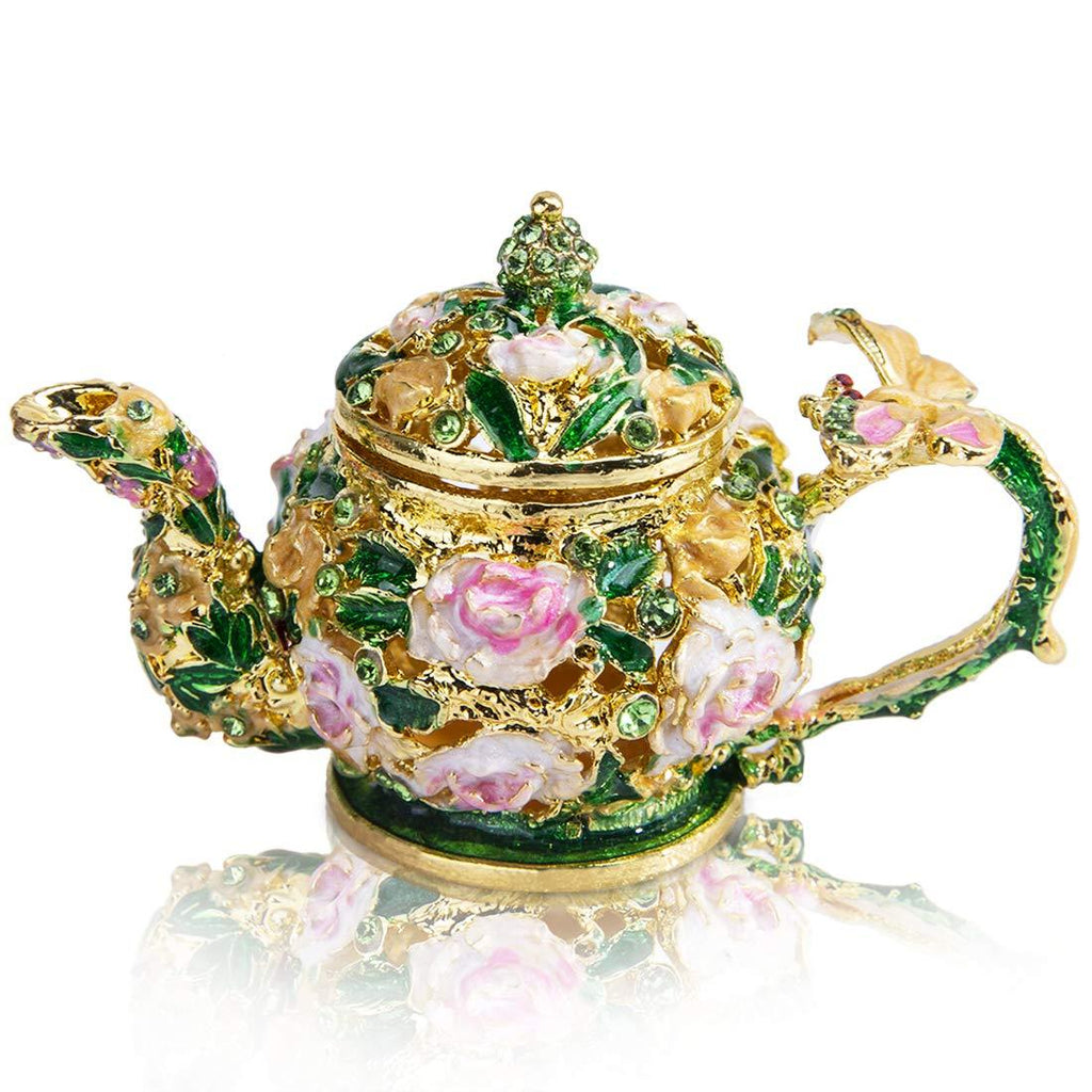 [Australia] - YU FENG Crystal Jeweled Teapot Trinket Boxes Hinged Flower Decorated Jewelry Display Ring Holder Box 