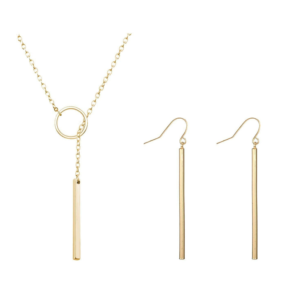 [Australia] - 2Pcs Y Pendant Necklace Bar Earring Set Lariat Necklace Long Stick Drop Dangle Earring For Women Gold circle set 