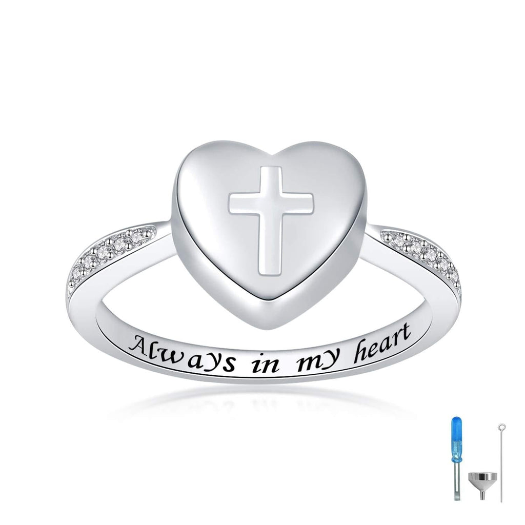 [Australia] - 925 Sterling Silver Cross Urn Finger Ring for Women Always in My Heart Keepsake Memorial Cremation Jewelry urns Rings for Ashes 7 