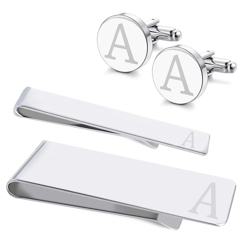 [Australia] - eejart 4PCS A Set Cufflinks Tie Clips Money Clips for Men 316L Stainless Steel Cufflinks Personalized Engraved Initials A/H Business Wedding with Box Silver-A 