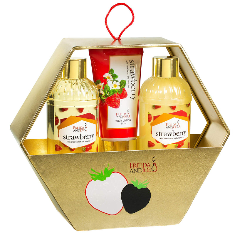 [Australia] - Bath and Body Basket Set For Women: Relaxing At Home Spa Kit Strawberry Holiday Kit in Gold Metal Hexagon Box Includes Shower Gel, Bubble Bath, Body Lotion 