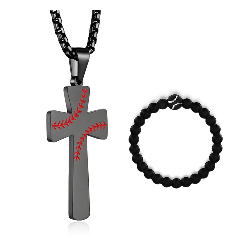 [Australia] - XIEXIELA Baseball Cross Pendant Necklaces, I CAN DO All Things Strength Bible Verse Stainless Steel Sport Necklace with Chain 22"+3" B-Black necklace+bracelet 