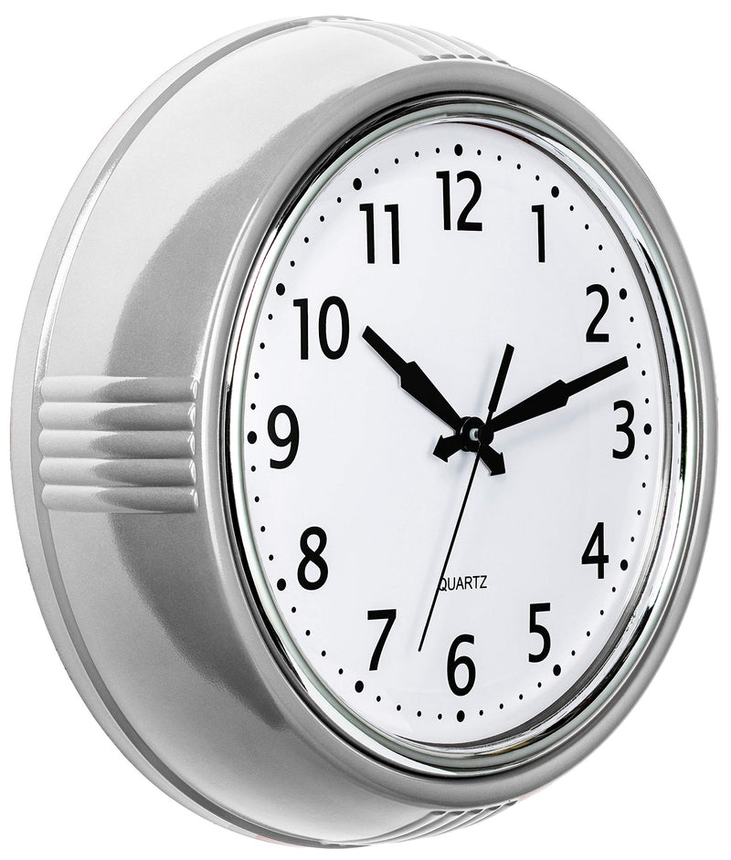 [Australia] - Bernhard Products Retro Wall Clock 9.5 Inch Silver Kitchen 50's Vintage Design Round Silent Non Ticking Quality Quartz Battery Operated for Home/Office/Kitchen/Living Room/School Classroom 