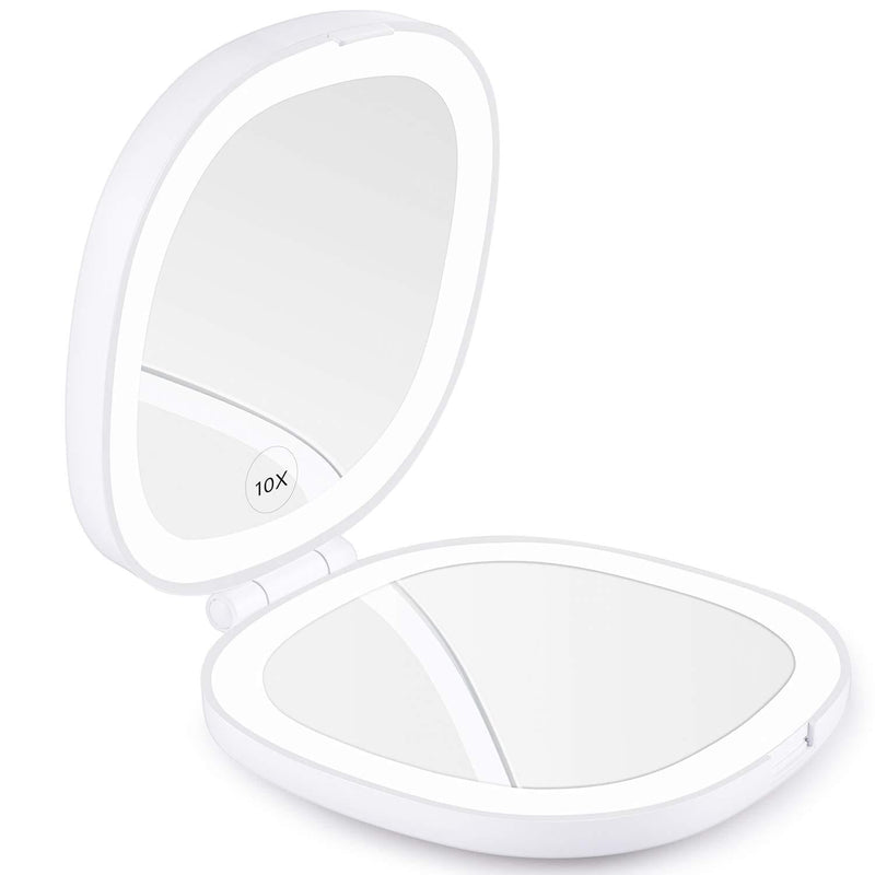 [Australia] - KEDSUM Lighted Travel Makeup Mirror, 1X/10X Magnifying Compact Mirror with Rechargeable LED Lights, Dimmable Double Sided Folding Mirror, Portable, Daylight, USB Charging (White) White 