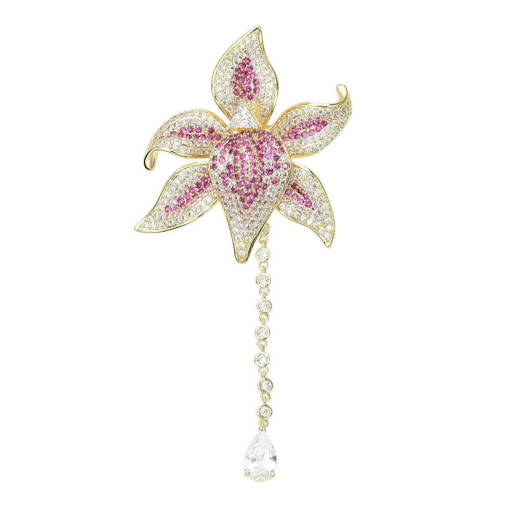 [Australia] - YYBONNIE Women's Cubic Zirconia Orchid Flower Brooch Crystal Floral Boutonniere Petal Lapel Pin Beastpin Bridal Wedding Jewelry with Tassel Hot Pink 