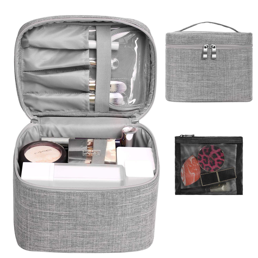 [Australia] - Makeup Bag Travel Large Cosmetic Bag Case Organizer Pouch with Mesh Bag Brush Holder Make Up Toiletry Bags for Women Standard Size Grey 