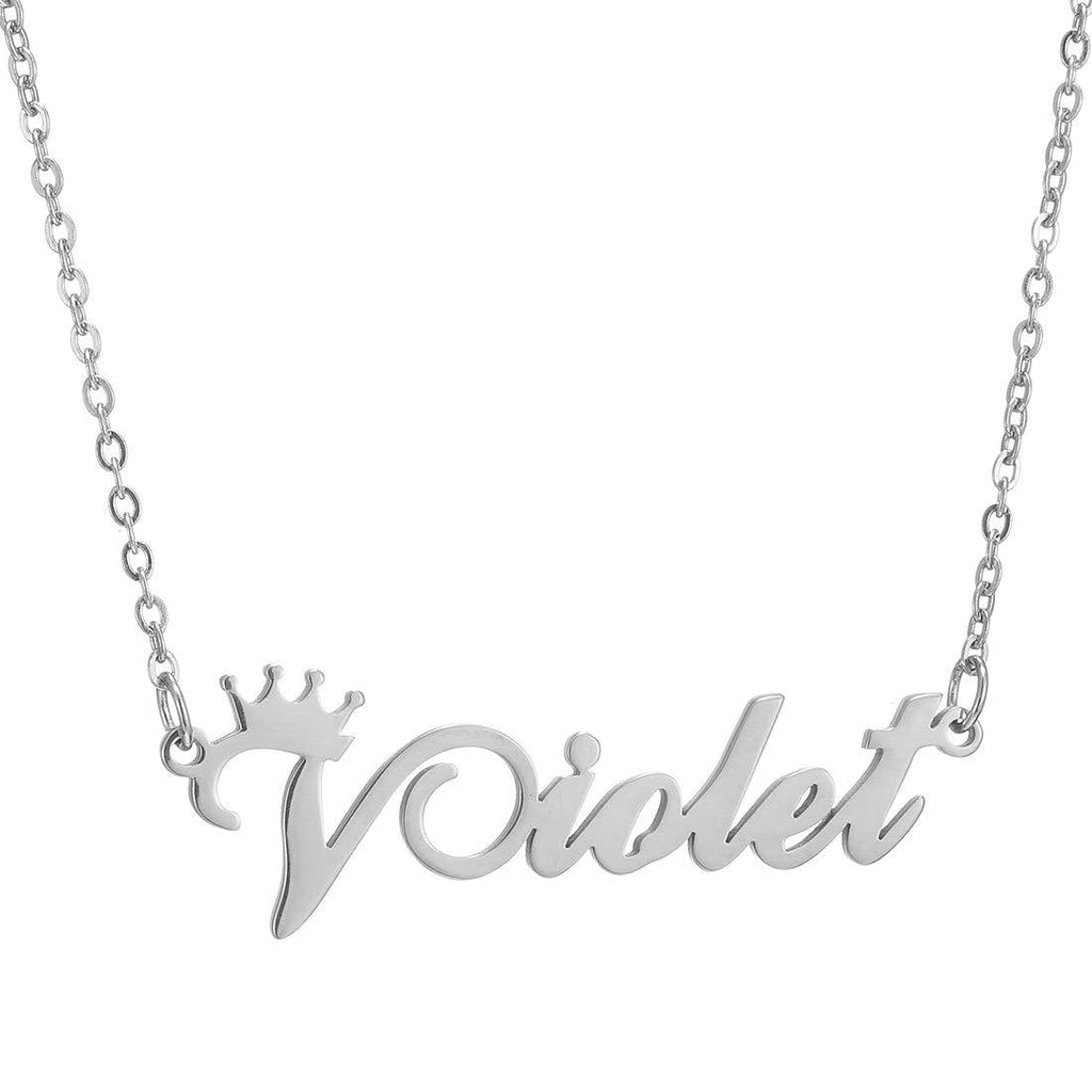 [Australia] - Personalized Name Crown Necklace,Customized Script Initial Women Girl Nameplate Charm Crown Necklace Stainless Steel Pendant Necklace Chain Jewelry Gift for Boy Violet-Silver 