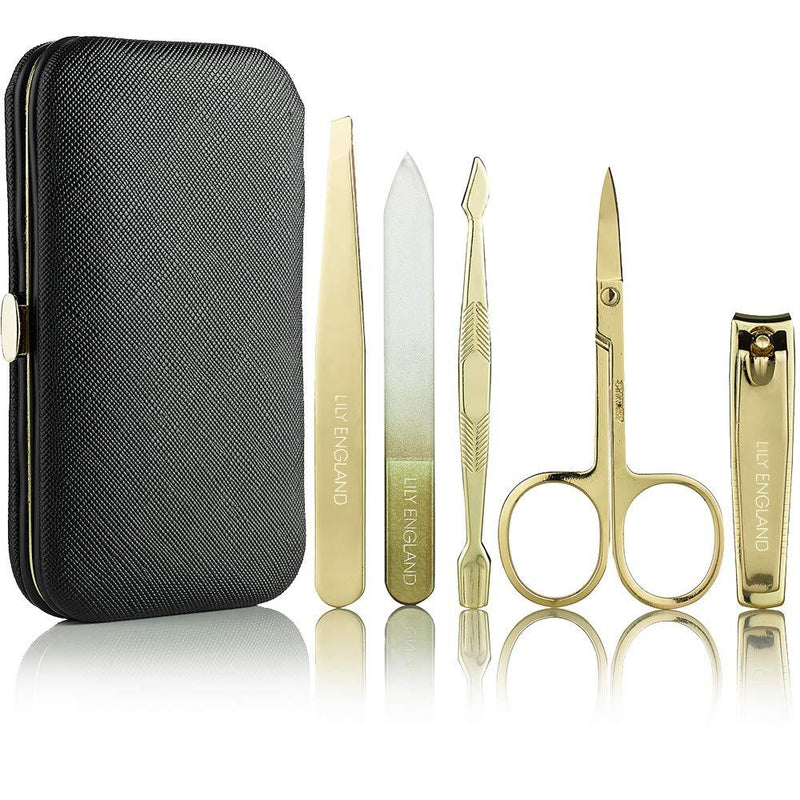 [Australia] - Manicure Set for Women & Girls, Professional Stainless Steel Nail Kit & Pedicure Kit with Luxury Travel Case by Lily England (Black & Gold) Black 