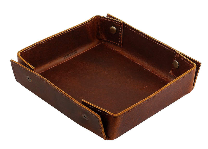 [Australia] - Leather Catchall Change Keys Coins Jewels Tray Organizer Box for Nightstand Big Storage Handmade Antique Brass Studs Decoration for Coin, Key, Phone (Bourbon Brown) 