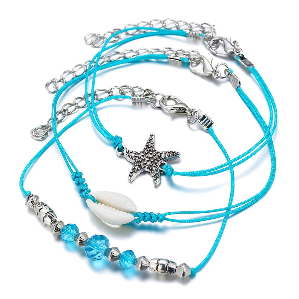 [Australia] - ZEKUI 3pcs Starfish Shell Simple Bracelet Blue Beads Beach Anklet Hand-knitted barefoot jewelry Accessories Men and women fashion Foot jewelry Bohemian 