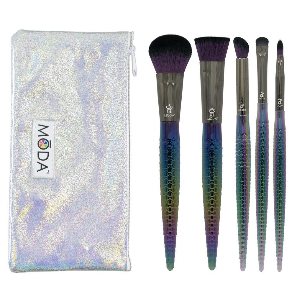 [Australia] - MODA Full Size Mythical Dark Dragon 6pc Makeup Brush Set with Pouch, Includes - Powder, Contour, Angle Shader, Smudger, and Precision Lip Brushes, Green Ombre 