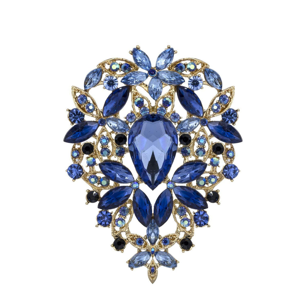 [Australia] - YOQUCOL Vintage Blue Austrian Crystal Rhinestone Leaf Shape Big Large Brooch Pin for Women Gold Tone 