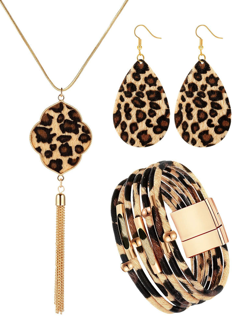 [Australia] - Hicarer 3 Pieces Leopard Bracelets Bohemia Leopard Earrings Necklace for Women Girls (Teardrop Earring Set) 