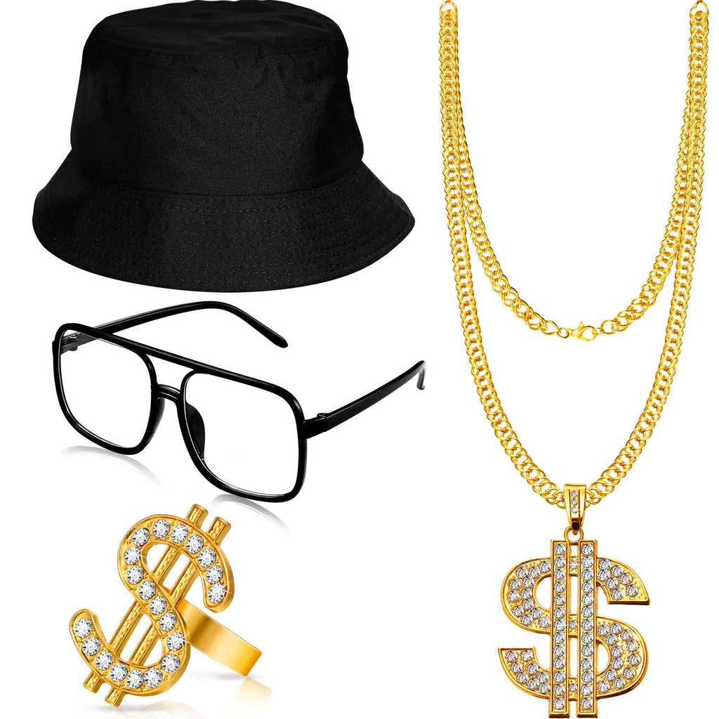 [Australia] - Hip Hop Costume Kit Bucket Hat Sunglasses Gold Chain Ring 80s/90s Rapper Accessories (Black) Black 